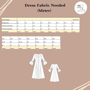 May include: A dress fabric requirement chart titled Dress Fabric Needed (Meter) with a table listing US, international, and EU sizes alongside required fabric in meters. Below the table are two line drawings of a dress with bell sleeves.