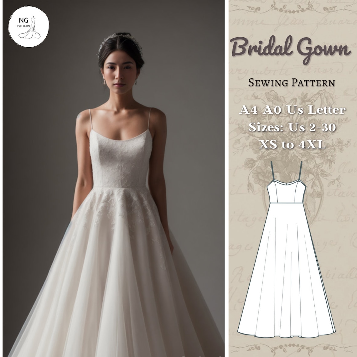 Bridal Gown Sewing Pattern Maxi Circle Dress (A4 A0 XS4XL) (PDF — free download