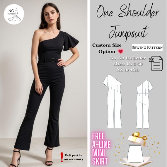 One Shoulder Jumpsuit Sewing Pattern Formal Jumpsuit Romper Pattern Flared Leg Jumpsuit Evening Dress Cocktail Dress XS 4XL Etsy