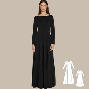 May include: A black long-sleeved maxi dress with a boat neckline and a fitted bodice. The dress has a flowing skirt with pleats.