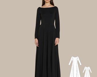 Maxi-jurk met boothals Naaipatroon: uitlopende bescheiden jurk (XS-4XL) (digitale download)