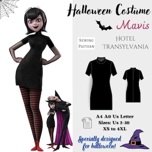 May include: A black and white illustration of a bat, the text "Halloween Costume Mavis Hotel Transylvania", and a black dress with short sleeves. The text "Sewing Pattern" is also included. The dress is shown in two views, front and back. The text "A4 A0 Us Letter Sizes: Us 2-30 XS to 4XL" is included. The text "Specially designed for halloween!" is also included.