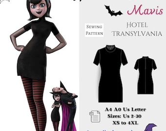 May include: A black and white illustration of a bat, the text "Halloween Costume Mavis Hotel Transylvania", and a black dress with short sleeves. The text "Sewing Pattern" is also included. The dress is shown in two views, front and back. The text "A4 A0 Us Letter Sizes: Us 2-30 XS to 4XL" is included. The text "Specially designed for halloween!" is also included.