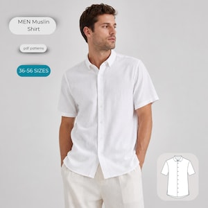 Pode incluir: Uma camisa de musselina branca de manga curta com colarinho e fecho frontal de botões. A imagem inclui etiquetas de texto com MEN Muslin Shirt, pdf patterns e 36-56 SIZES, juntamente com um desenho técnico de linha do design.