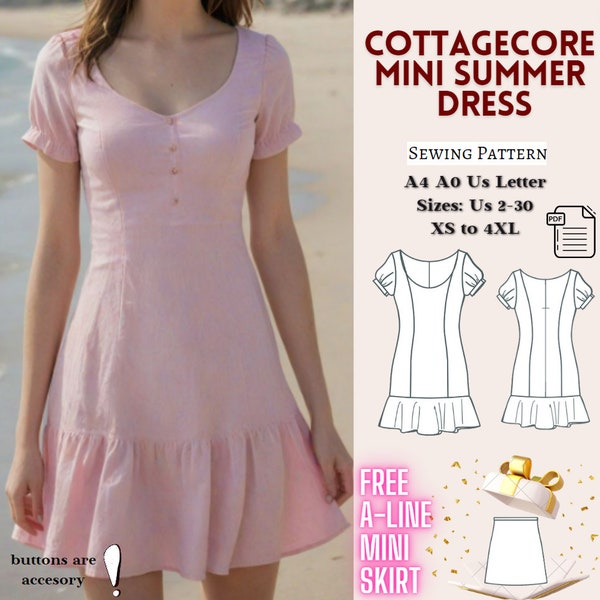 Cottagecore Mini Summer Dress sewing pattern, ruffle dress pattern,  puff sleeve dress, milkmaid dress, sun dress pattern,Pink Dress, XS-4XL