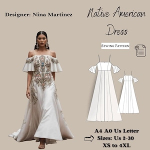 Puede incluir: Un patrón de costura para un vestido nativo americano. El patrón incluye instrucciones para las tallas US 2-30, XS a 4XL. El patrón está disponible en tamaños A4, A0 y US Letter.