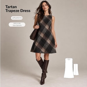 Może przedstawiać: Sukienka trapezowa bez rękawów w ciemnobrązową i czarną kratę typu tartan. Tekst na obrazku brzmi Tartan Trapeze Dress, pdf patterns oraz XXS to 4XL Size Options. Dołączono biały rysunek liniowy przodu i tyłu sukienki.