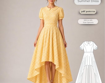 Patrón de costura para vestido de verano a cuadros amarillo mantequilla (PDF), cuello Peter Pan, mangas abullonadas, corte asimétrico.