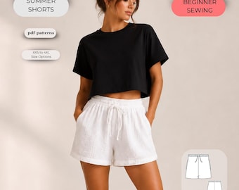 Linen Summer Shorts Sewing Pattern PDF, Elastic Waist Shorts Pattern, Beginner Sewing Pattern, Women Linen Shorts, Wide Leg Shorts
