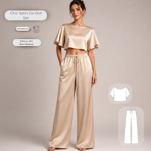 Puede incluir: Un conjunto de dos piezas de satén color champán que consta de un top corto con mangas acampanadas y pantalones de pierna ancha de talle alto con cordón en la cintura. Incluye etiquetas de texto para Chic Satin Co-Ord Set, pdf patterns y XXS to 4XL size options.