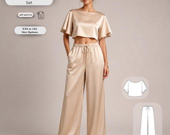 Patrón PDF para conjunto de salón de satén, top corto y pantalones palazzo, descarga digital.