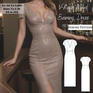 Puede incluir: Un patrón de costura para un vestido de noche maxi de cuello en V. El patrón está disponible en tallas españolas 34-52, XS a 4XL. El patrón está impreso en papel A4 y A0 y está disponible para descargar en PDF. Patrón de costura Vestido de noche maxi de cuello en V.