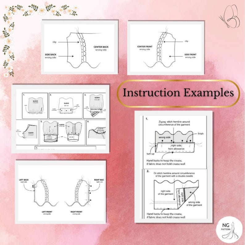 May include: A collection of sewing instruction diagrams, including examples for sleeves, back and front pieces, and hemming techniques. The text "Instruction Examples" is displayed in a gold oval. The diagrams are in black and white.