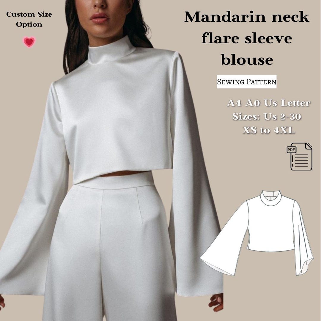 Mandarin Neck Flare Sleeve Crop Blouse Sewing Pattern, Boho Blouse ...