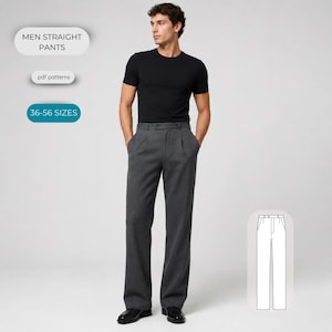 May include: Straight pants in a solid dark gray color, featuring a waistband with belt loops and a front fly closure. The image includes text labels reading MEN STRAIGHT PANTS, pdf patterns, and 36-56 SIZES, plus a white line drawing of the pants.