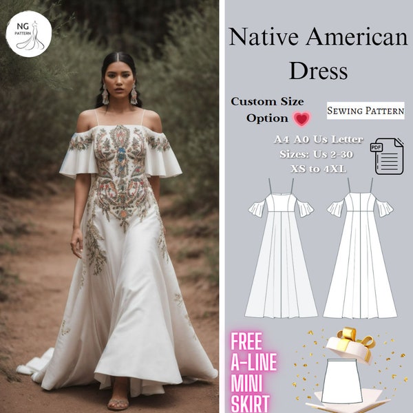 Schnittmuster für ein Kleid der amerikanischen Ureinwohner, schulterfreies Kleid, Kleid mit ausgestellten Ärmeln, Muster für ein indianisches Kleid, Muster für ein Sommerkleid, XS-4XL