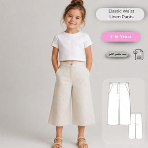 May include: A pair of light beige linen pants with an elastic waist, shown on a child wearing a plain white t-shirt. The image includes text reading Elastic Waist Linen Pants, 2-16 Years, and pdf patterns, alongside a technical line drawing.