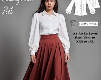 Cottagecore Sewing Pattern Set, Puff Sleeve Top, Midi Skirt (PDF Pattern)