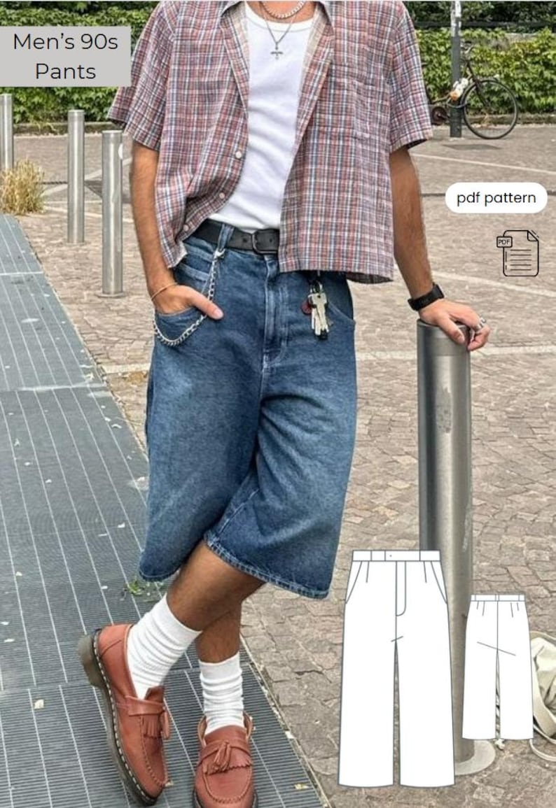 May include: Blue denim 90s pants with a relaxed fit. The pants are paired with a plaid button-down shirt and brown loafers. The image also includes a PDF pattern for the pants.