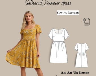 Gathered Floral Summer Dress Sewing Pattern: XS-4XL (Digital Download)