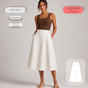 Könnte beinhalten: Ein Schnittmuster für einen Midirock mit einer einfarbigen, weißen A-Linien-Silhouette, die unter das Knie reicht. Das Bild enthält die Textbeschriftungen: Midi Skirt, pdf patterns, XXS to 4XL Size Options und BEGINNER SEWING sowie eine Skizze.