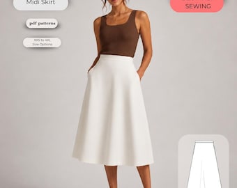 A-Line Midi Skirt Sewing Pattern | High Waist, Pockets, Beginner Friendly (PDF Download)