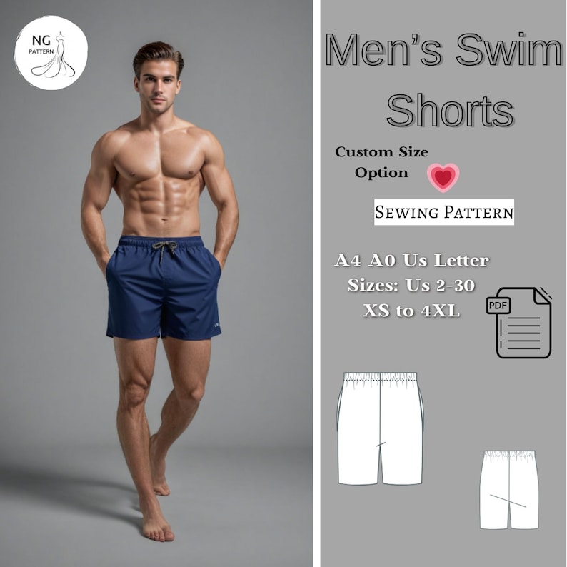 May include: A sewing pattern for men's swim shorts. The pattern includes sizes XS to 4XL and is available in A4, A0, and US Letter sizes. The pattern is available as a PDF download.