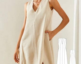 Patrón de costura para vestido midi de lino: escote en V pronunciado (XS-4XL) (Descarga digital)