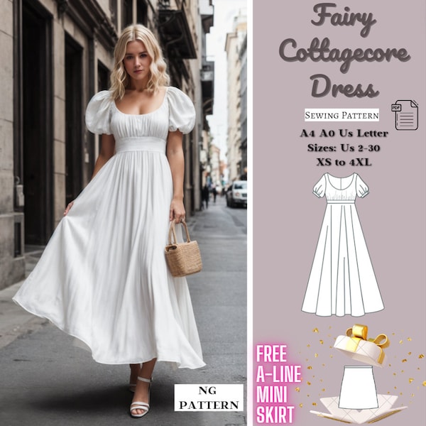 Fairy Cottagecore Dress Sewing Pattern, Renaissance, Regency, Fairy Dress, Bridgerton Dress Pattern, Maxi Circle Dress, Ball Gown, A4 A0.