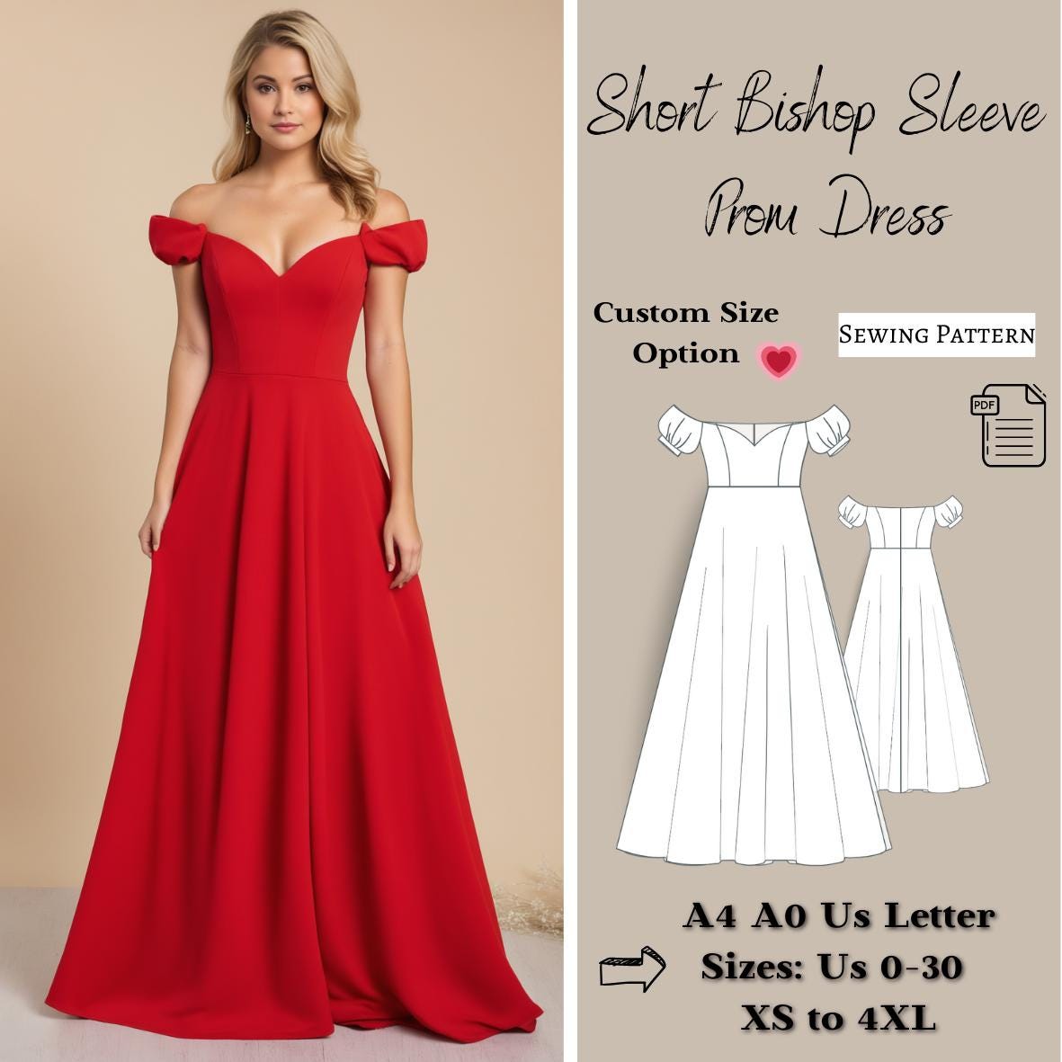 Bishop Sleeve Prom Dress Sewing Pattern Cocktail Dress Evening Dress Pattern Anniversary Dress Ball Gown Evening Gown Bridal Gown Etsy UK