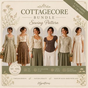 May include: A digital sewing pattern bundle titled COTTAGECORE BUNDLE Sewing Pattern, featuring six distinct garment designs. The image displays six outfits including dresses, skirts, and blouses in neutral tones, with size range XS-4XL and PDF file icons.
