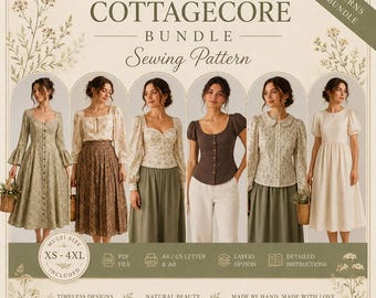 Cottagecore Sewing Pattern Bundle, 6 PDF Patterns, Vintage Dress, Blouse, Midi Dress (XS-4XL)