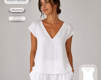 Muslin Blouse Sewing Pattern | Relaxed V-Neck Summer Top (Digital Download)