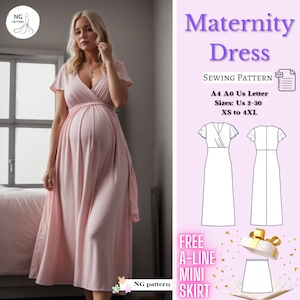 Maternity Dress Sewing Pattern, Maternity Gown, Drifter Dress, Baby Shower Dress, Maxi Dress Pattern, Surplice Dress, Gathered Dress, XS-4XL