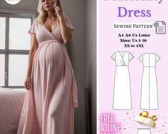 Maternity Dress Sewing Pattern, Maternity Gown, Drifter Dress, Baby Shower Dress, Maxi Dress Pattern, Surplice Dress, Gathered Dress, XS-4XL