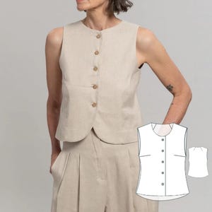 May include: A sleeveless linen top with a button-up front and a curved hem. The top is a light beige colour and is shown on a model wearing matching trousers.