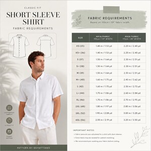 May include: A sewing pattern for a classic fit short sleeve shirt, featuring a technical line drawing, a size chart with fabric requirements in metres and yards, and a photograph of a person wearing a white button-down shirt with short sleeves.