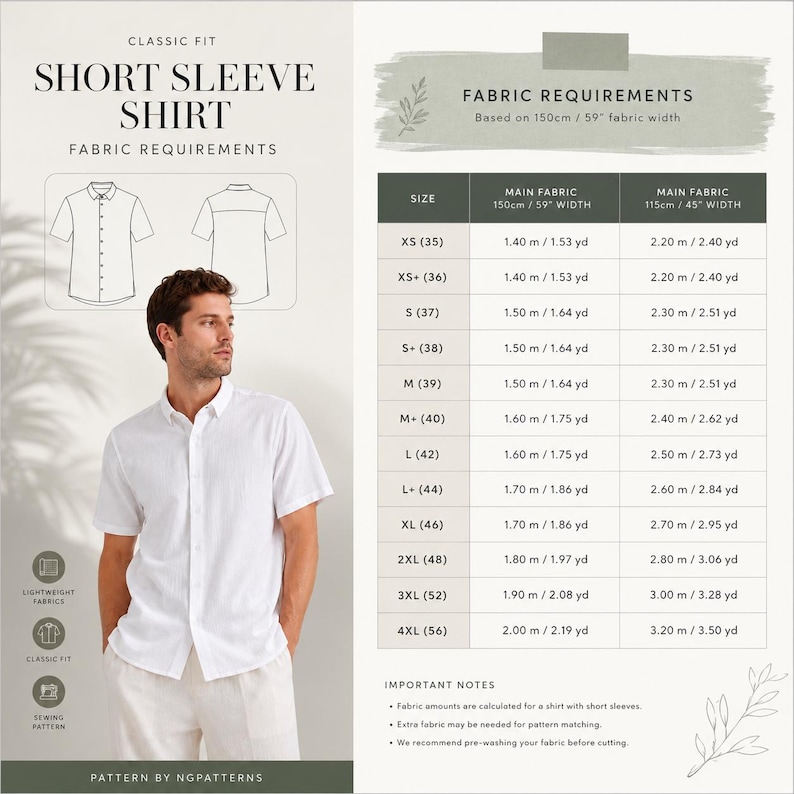 May include: A sewing pattern for a classic fit short sleeve shirt, featuring a technical line drawing, a size chart with fabric requirements in metres and yards, and a photograph of a person wearing a white button-down shirt with short sleeves.