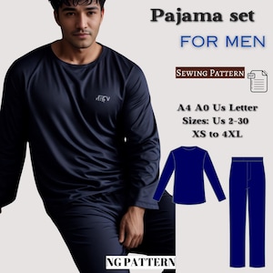 May include: A sewing pattern for a pajama set. The pattern includes a long-sleeved top and pants. The pattern is available in sizes XS to 4XL. The pattern is for A4, A0, and US Letter sizes.