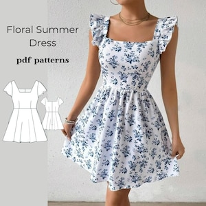 Patrón de minivestido de verano para mujer, patrón de costura para vestido de mujer, vestido con cuello en V, patrón de costura para vestido de verano, vestido de otoño (talla A0, A4, EE. UU., talla 2 a 30)