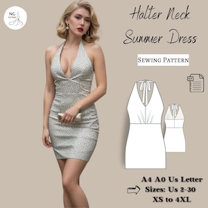 Halter Neck Evening Dress Sewing Pattern, Halter neck dress, V neck dress, summer dress, mini dress, Evening Dress, Vintage Dress, Xs-4XL