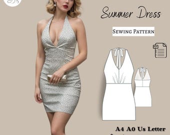 Könnte beinhalten: Ein Schnittmuster für ein Sommerkleid mit Halterneck. Das Schnittmuster ist in den Größen 34-50, XS bis 4XL erhältlich. Das Schnittmuster ist in den Formaten A4, A0 und US Letter erhältlich. Das Schnittmuster ist für ein Halterneckkleid mit tiefem V-Ausschnitt. Das Kleid ist ärmellos und hat ein tailliertes Oberteil. Der Rock ist tailliert und reicht bis knapp über das Knie.