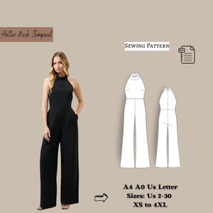 Könnte beinhalten: Ein Schnittmuster für einen Jumpsuit mit Halstuch. Das Schnittmuster ist in den Größen 34-50, XS bis 4XL erhältlich. Das Schnittmuster ist in den Formaten A4, A0 und US Letter erhältlich.