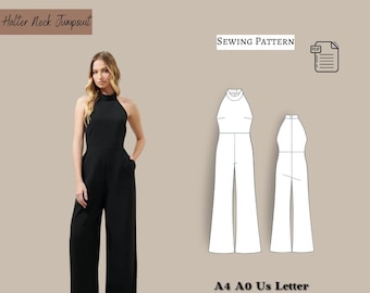 Halter Neck Wide Leg Jumpsuit Sewing Pattern (XS-4XL) (PDF Pattern)