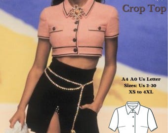 Patrón de costura para top corto con cuello estilo vintage (A4/A0/Tallas estadounidenses XS-4XL) (Patrón en PDF)