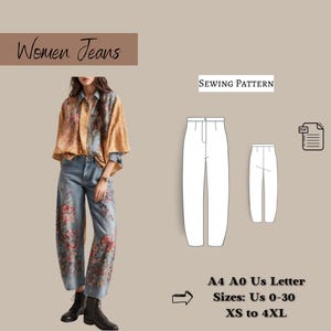 Könnte beinhalten: Ein Schnittmuster für Damenjeans in den Größen 34 bis 52, XS bis 4XL. Das Schnittmuster ist in den Formaten A4, A0 und US Letter erhältlich. Das Bild zeigt eine Frau, die ein blumiges Hemd und Jeans trägt, sowie eine Strichzeichnung des Jeans-Schnittmusters.