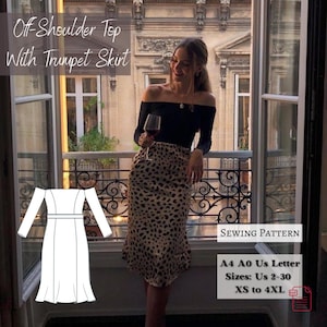 Patrón de costura para top con hombros descubiertos y falda de corte trompeta (XS-4XL) (Patrón PDF)