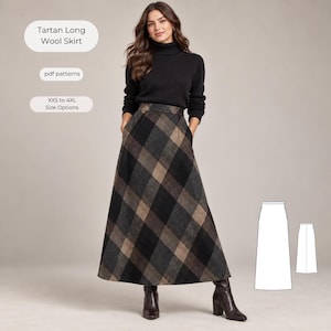 Könnte beinhalten: Ein bodenlanger Rock mit einem Tartan-Karomuster in Dunkelbraun, Schwarz und Grau. Der Rock hat einen hohen Bund und eine ausgestellte Silhouette. Der Text auf dem Bild lautet: Tartan Long Wool Skirt, pdf patterns, XXS to 4XL Size Options.