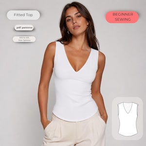May include: A white sleeveless fitted top with a deep V-neckline. The image includes text labels reading Fitted Top, pdf patterns, XXS to 4XL Size Options, and BEGINNER SEWING, along with a technical line drawing of the garment silhouette.