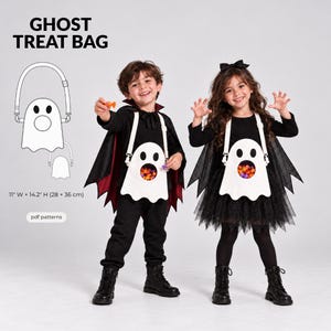 May include: A white ghost-shaped treat bag with a clear circular window, featuring adjustable straps. The text reads GHOST TREAT BAG and 28 cm x 36 cm. A line drawing shows the bag construction, and the label indicates pdf patterns.